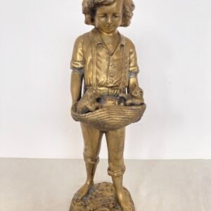 Statua vintage in bronzo dorato - Bambino con gattini