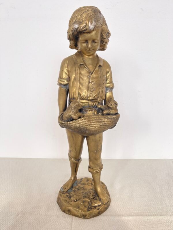 Statua vintage in bronzo dorato – Bambino con gattini