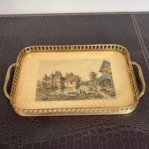Vassoio Vintage con Stampa Antica del Château de Saint-Germain-de-Livet