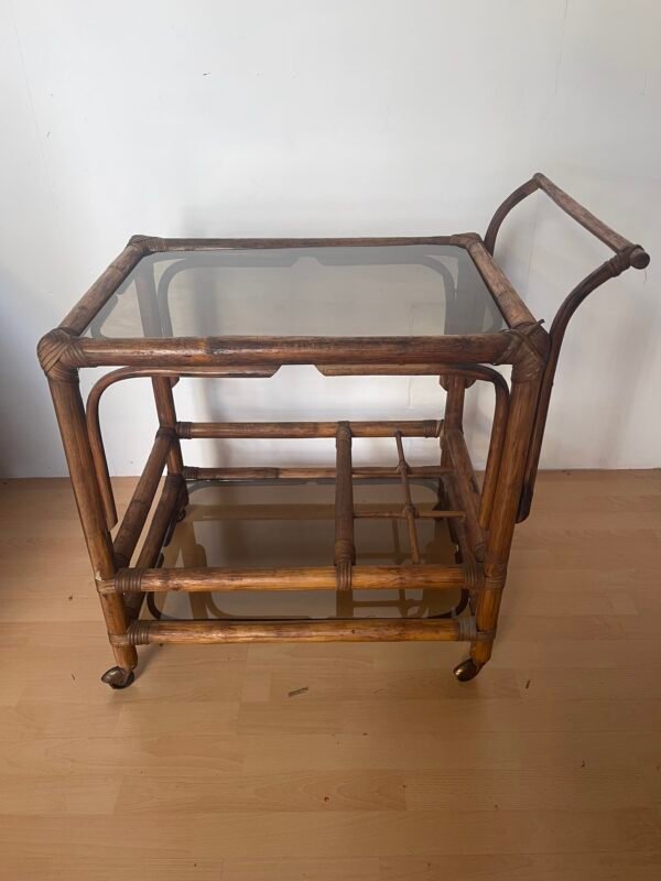 Carrello Bar/Portavivande Vintage in Rattan e Vetro Fumé