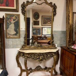 Consolle con specchiera in stile barocco dorato – con piano in marmo