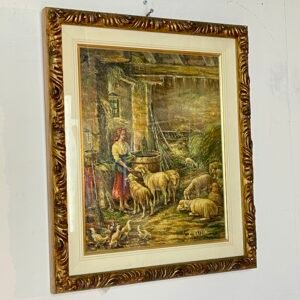 Dipinto rurale vintage firmato, realizzato ad olio su tela e incorniciato con una splendida cornice dorata lavorata a rilievo.