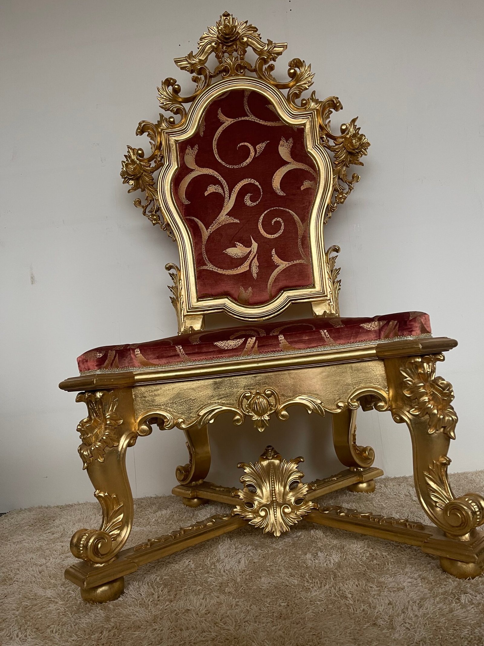 Sedia Trono Barocca in Legno Dorato e Tessuto Damascato - Image 3