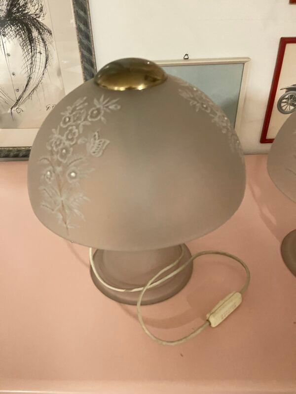 Coppia di Lampade da Tavolo "Fungo" in Vetro Satinato con Decori Floreali - Image 2