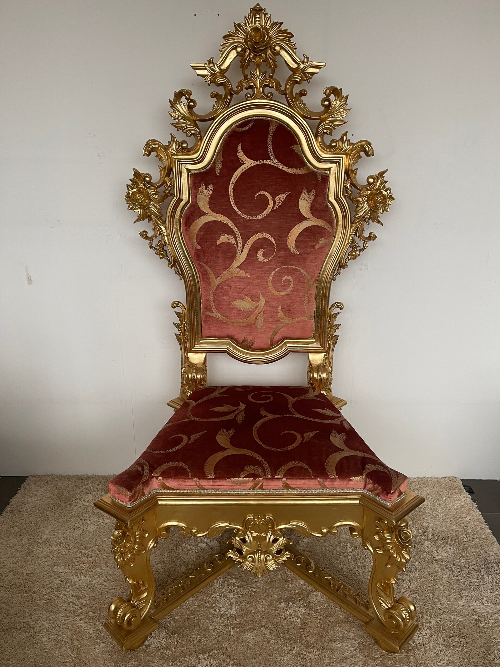 Sedia Trono Barocca in Legno Dorato e Tessuto Damascato