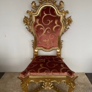 Sedia Trono Barocca in Legno Dorato e tessuto Damascato