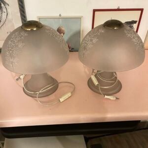 Coppia di Lampade da Tavolo "Fungo" in Vetro Satinato con Decori Floreali