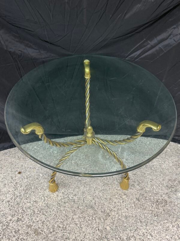 Tavolino Rotondo con Piano in Vetro e Base in Ottone Intrecciato - Image 3