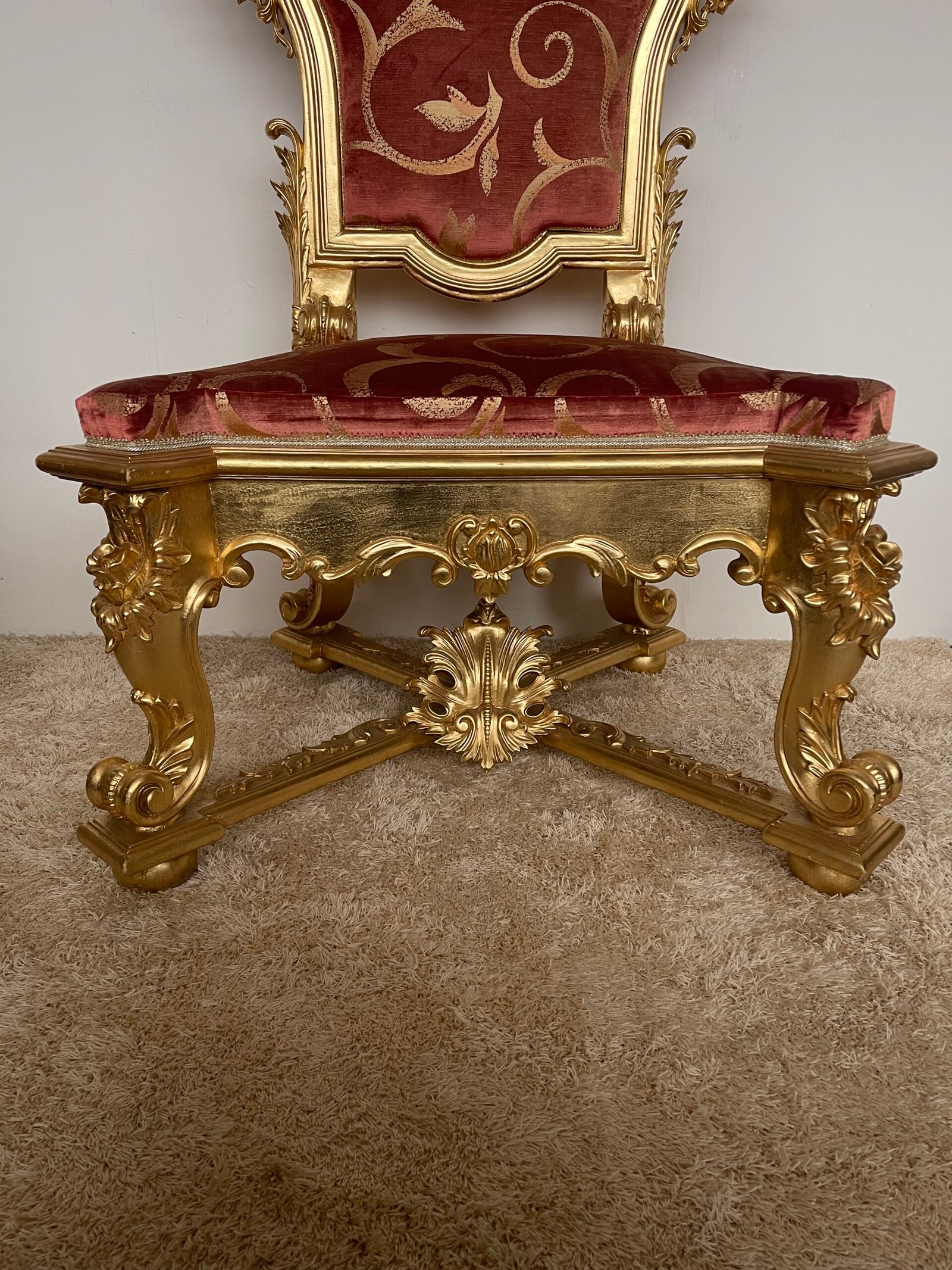 Sedia Trono Barocca in Legno Dorato e Tessuto Damascato - Image 2
