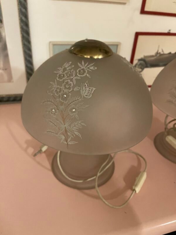 Coppia di Lampade da Tavolo "Fungo" in Vetro Satinato con Decori Floreali - Image 5