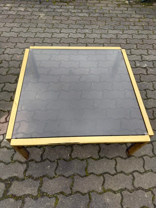 Tavolino da Salotto Quadrato in Ottone e Vetro Fumé