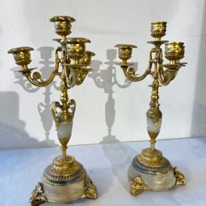 Coppia di Candelabri Impero in Bronzo Dorato e Onice