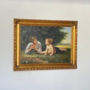 Quadro Vintage "Madre e Figlia nel Giardino" - Olio su Tela con Cornice Dorata Intagliata - Firmato