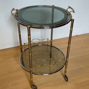 Carrello bar vintage in metallo ottonato e vetro fumé, Italia, anni '70