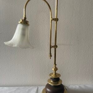 Lampada da Tavolo Regolabile in Ottone e Legno con Vetro Ondulato