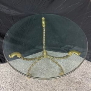 Tavolino Rotondo con Piano in Vetro e Base in Ottone Intrecciato